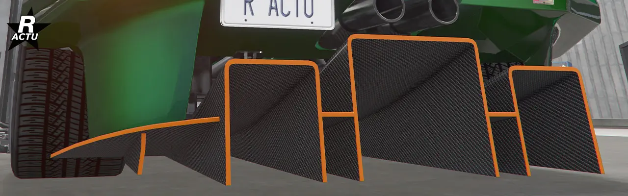 Diffuseur aérodynamique de course en fibres de carbone et finitions couleur secondaire sous le pare-chocs arrière.