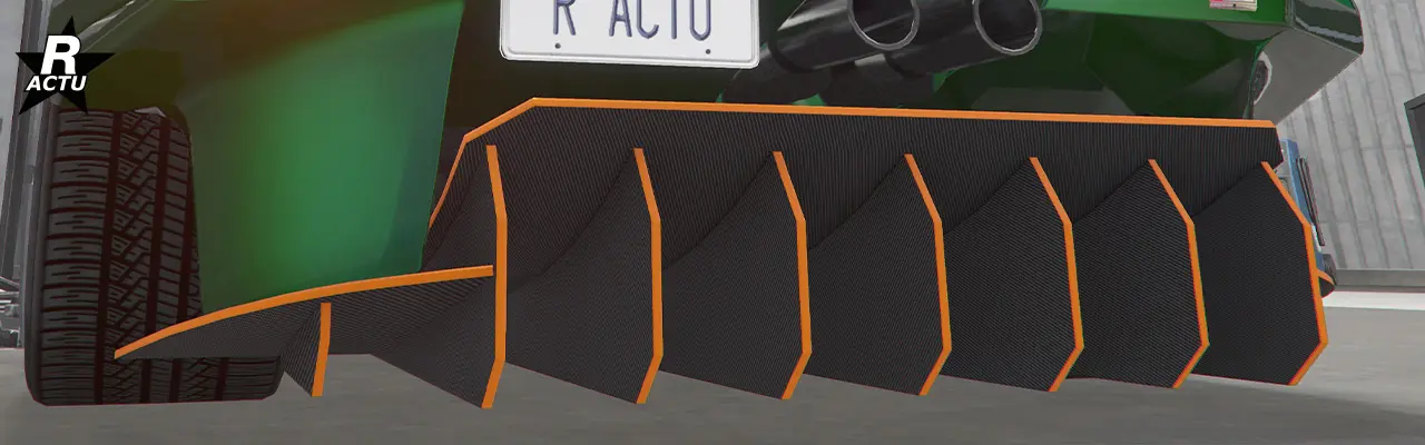 Diffuseur arrière en fibres de carbone et finitions couleur secondaire, en forme de râteau sous la caisse.