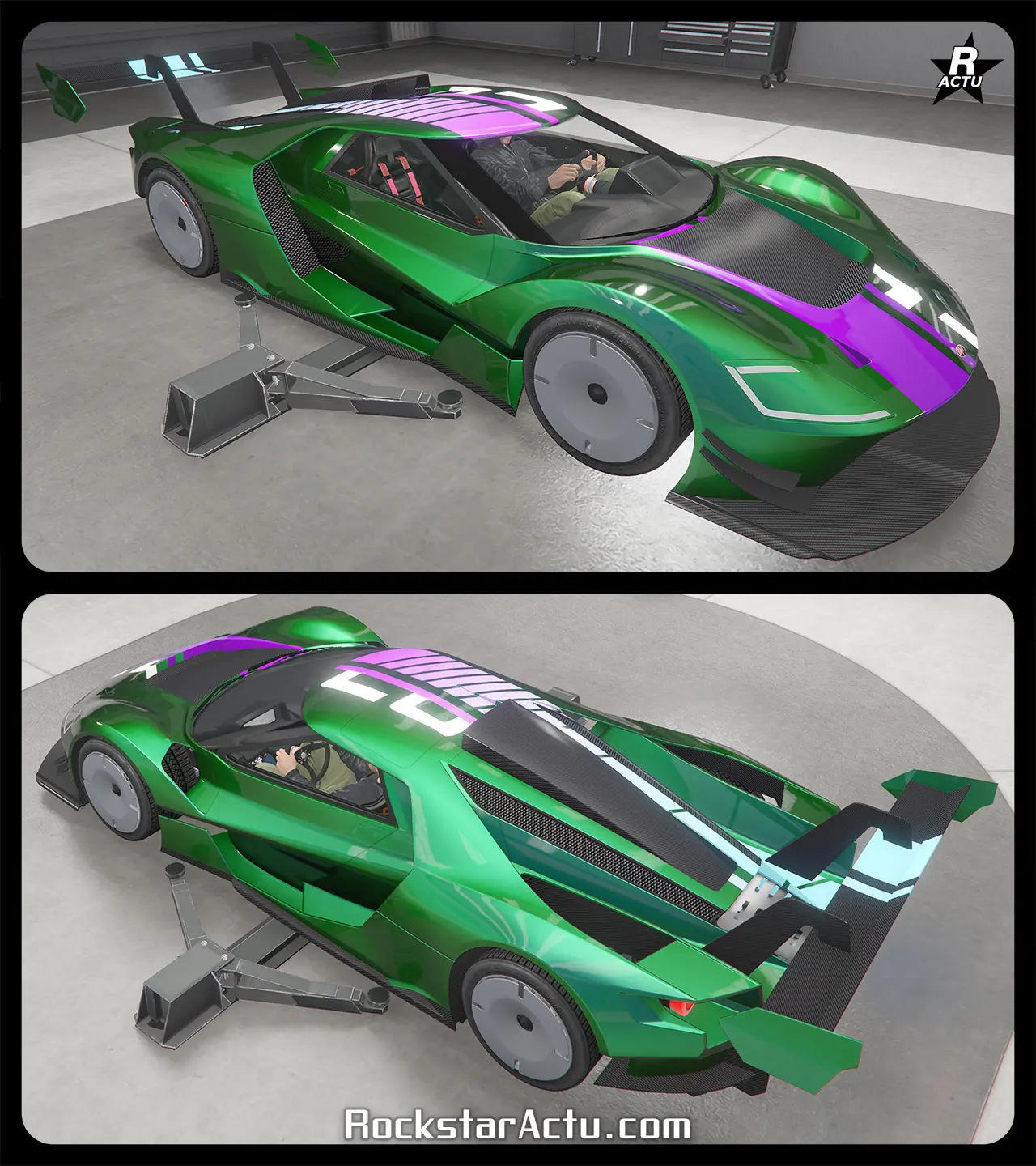 Décalcomanie d'une bande large verticale, de couleurs mauves et blanches dans ses extimités où un dégradé de couleurs les relient. Au niveau du toit, la bande est hachuré avec des coupures fines en biais.