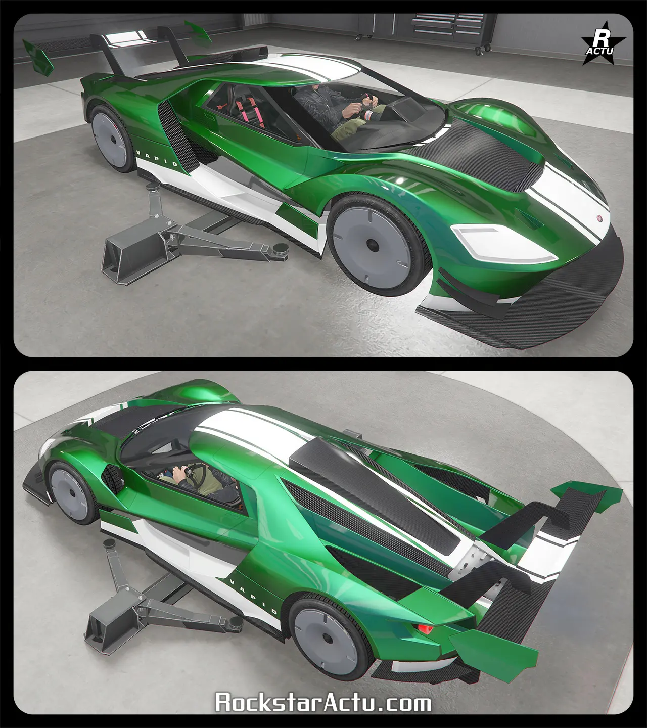 Motif GTA+ "Bande blanche" ajoutant une bande large de couleur blanche du capot au coffre, ainsi qu'une autre sur les côtés latéraux au niveau des bas de caisse.