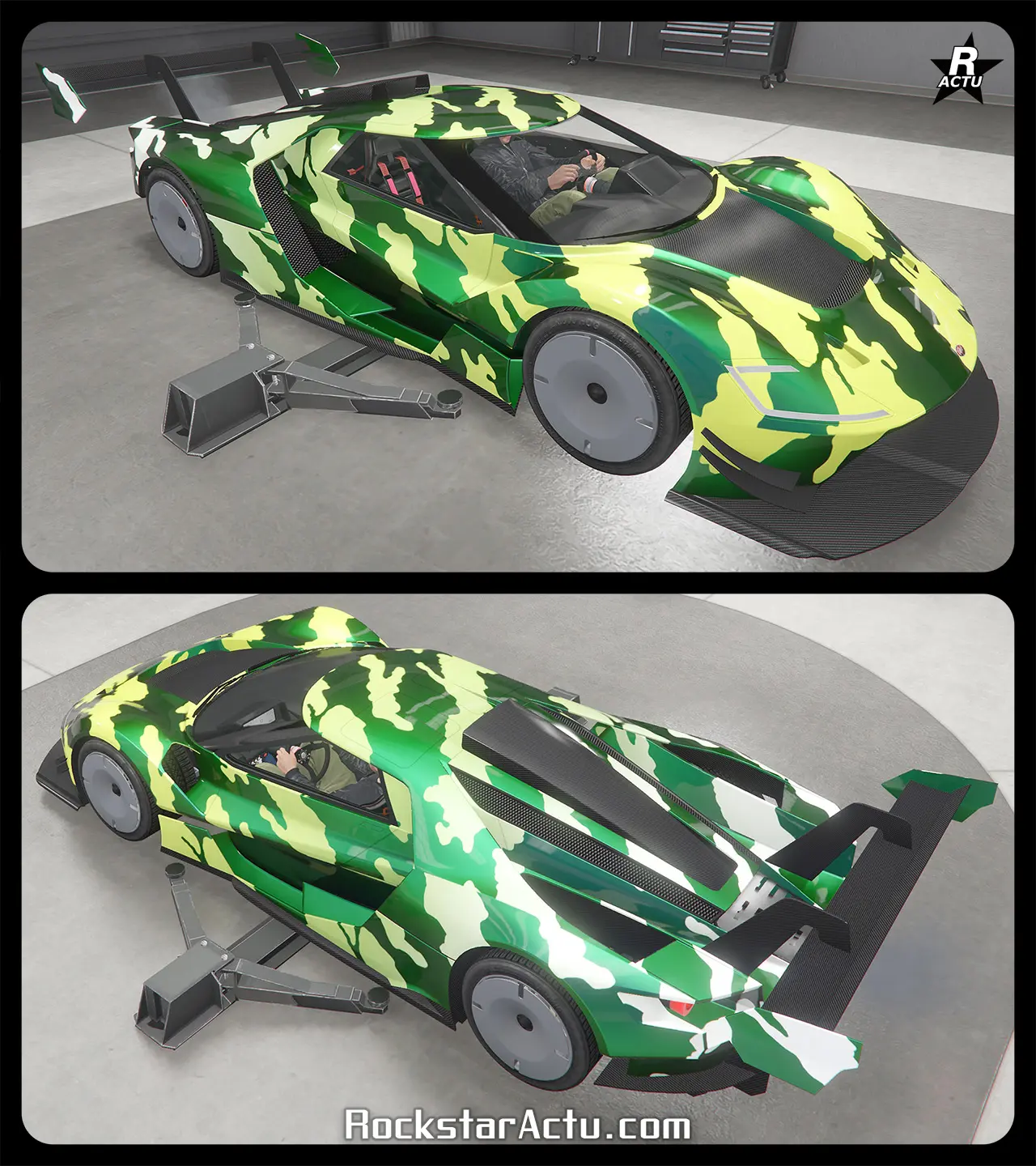 Motif militaire sur le véhicule, ajoutant de grandes taches de camouflages dans un dégradé de beiges à blancs un peu partout sur la carrosserie.