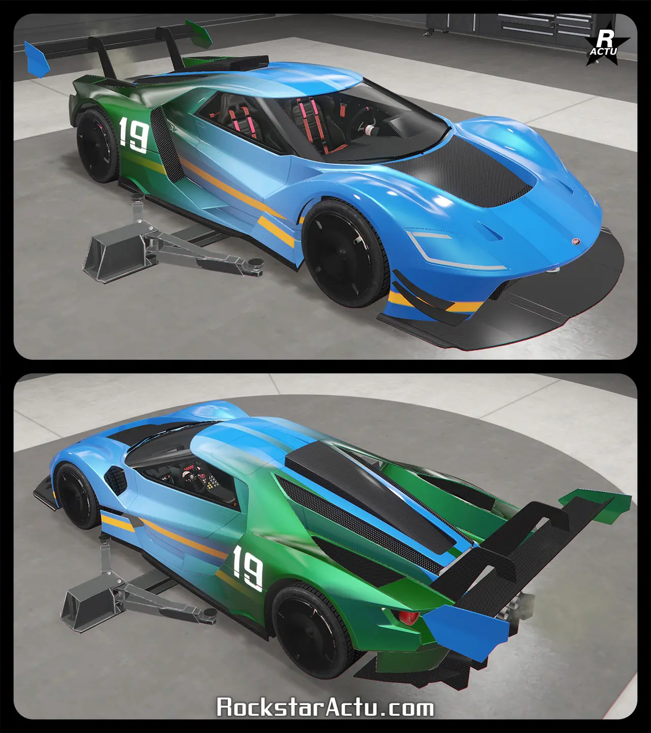 Décalcomanie recouvrant une grande partie de l'avant de la FMJ MK V avec un vinyle bleu avec un dégradé vers la couleur principale sur la partie arrière de la carrosserie.