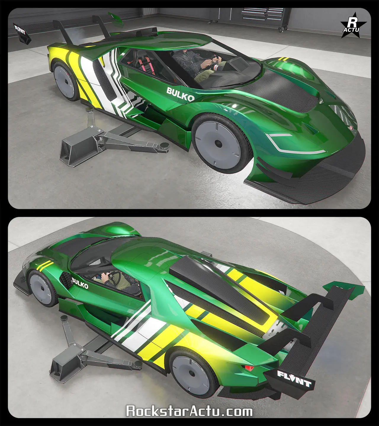 Motif "Course Flint" ajoutant des bandes jaunes et blanches entourant la superspotive dans le sens de la largeur, à l'arrière de la carrosserie. L'autocollant "Flint" se trouve sur les côtés latéraux de l'aileron arrière.