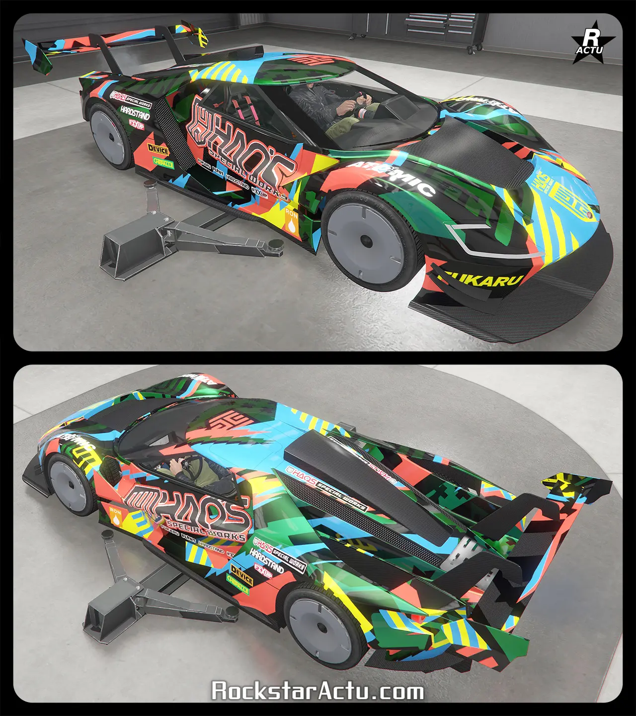 Skin exclusif "Course HSW" qui nécessitent la transformation Hao’s Special Works de la Vapid FMJ MK V. Il s'agit d'une décalcomanie ajoutant plusieurs taches de diverses couleurs (rouges, bleu ciel et jaunes) sur la carrosserie, ainsi que le sigle de l'atelier HSW.