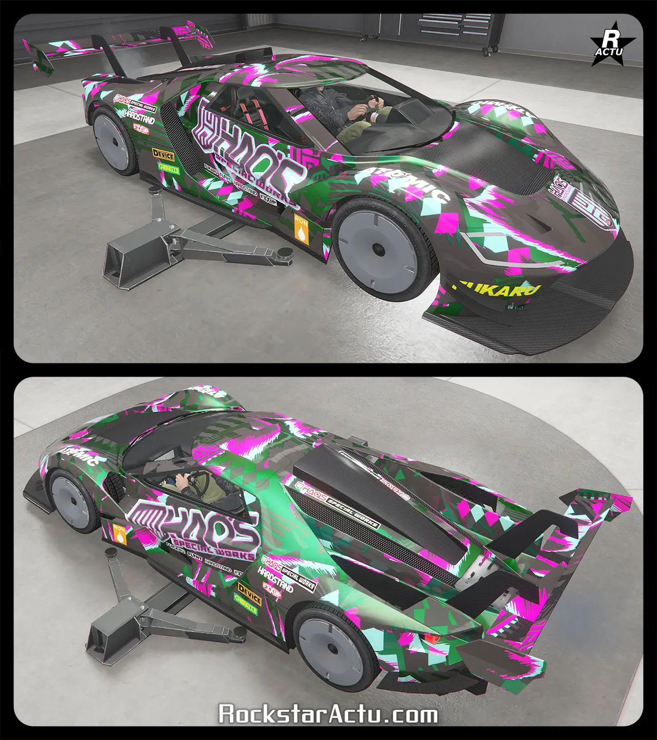 Divers motifs mauves et gris sur la carrosserie du bolide HSW ou le sigle de l'atelier Hao’s Special Works apparaît sur les portes latérales et le capot avant.