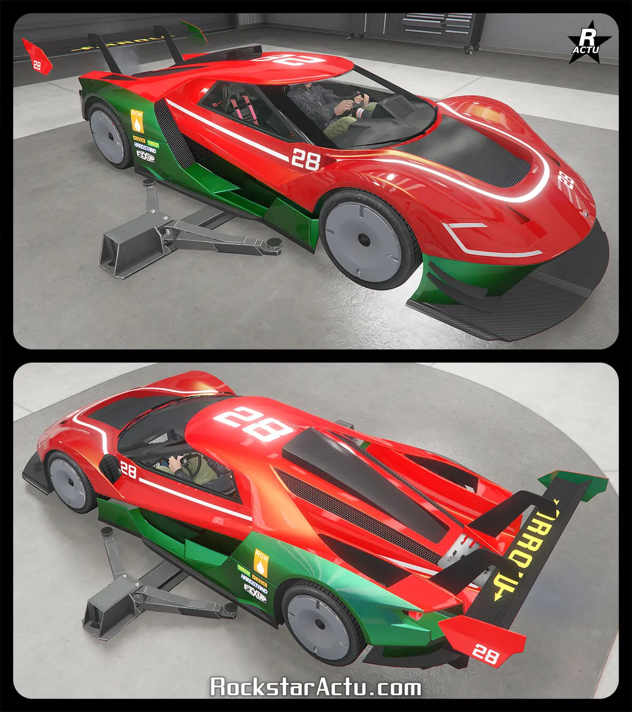 Décalcomanie recouvrant la partie supérieure de la carrosserie de la FMJ MK V. Une fine bande blanche horizontale traversent les portes et le capot. Le numéro de course automobile "28" est visible sur les portières, le capot et le toit.