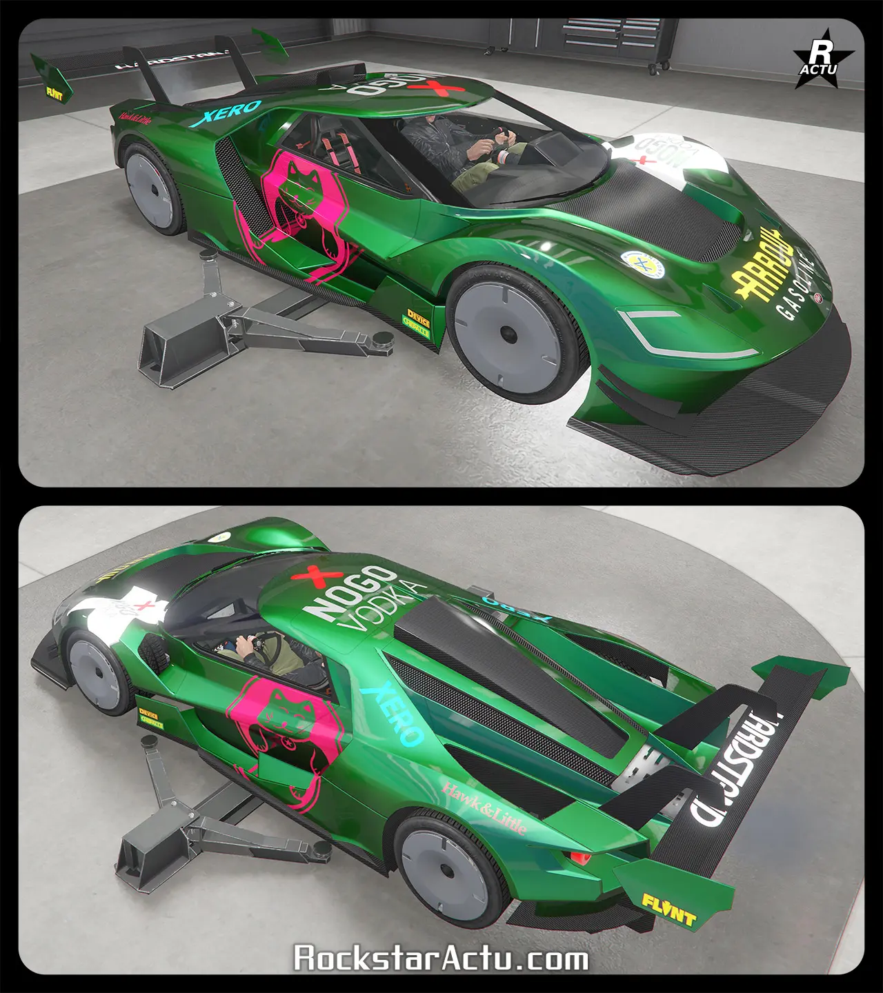 Image de la décalcomanie "NOGO Racing" qui ajoute des sponsors sur la supercar, dont "NOGO" sur le toit, "XERO" sur les ailes arrière et "Arrow" sur l'avant du capot.