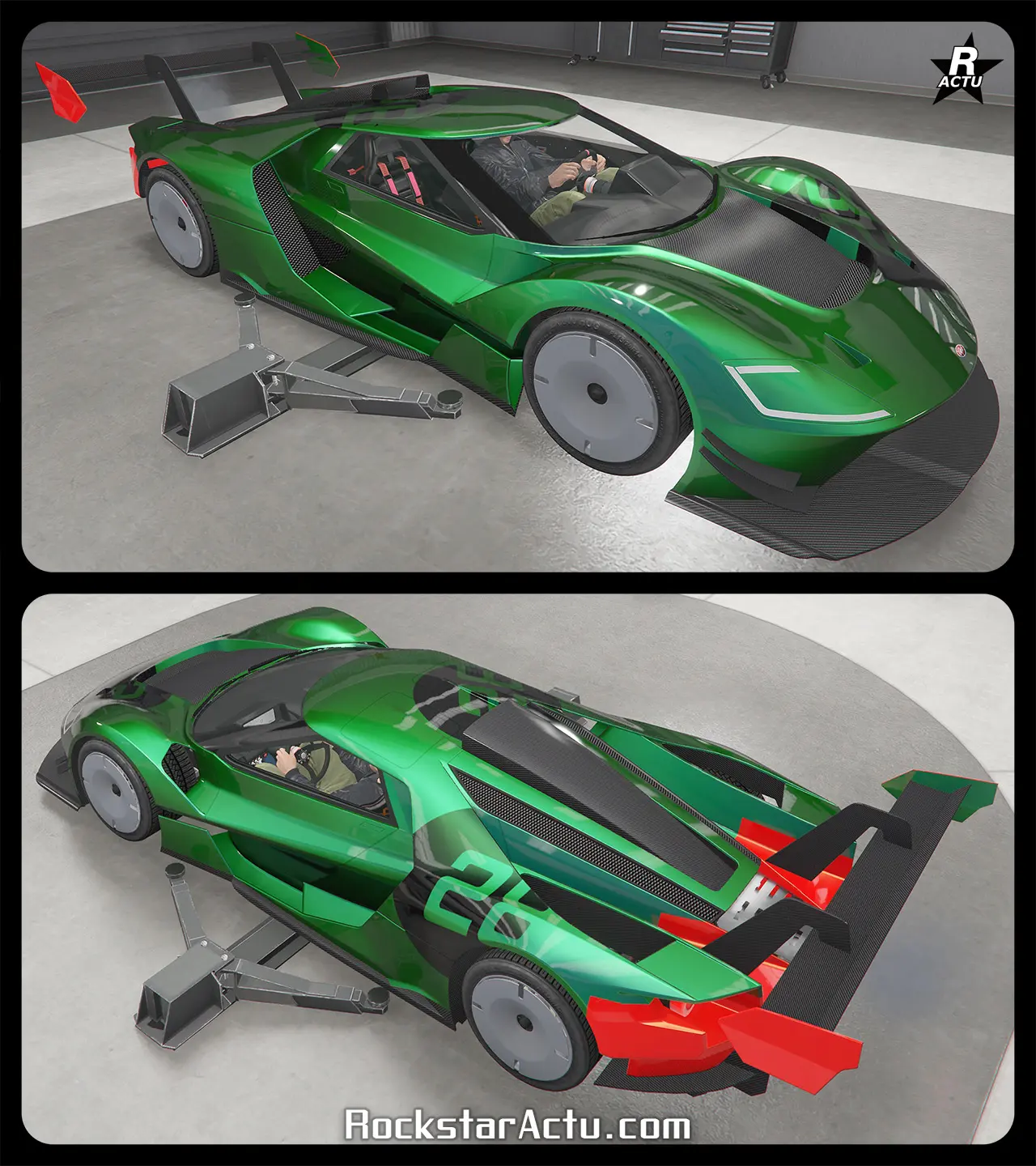 Skin de véhicule "Red River Racing" ajoutant une forme géométrique rouge à l'arrière de la carrosserie et un rond noir implémenté du chiffre 28, à l'arrière, sur le toit et sur le capot avant.