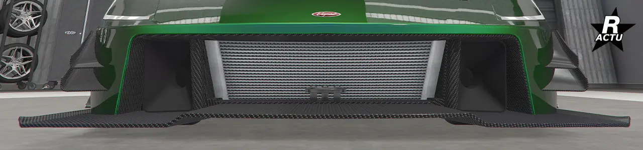 Double ailette GT aérodynamique en fibres de carbone de parte et d'autres du pare-chocs avant.