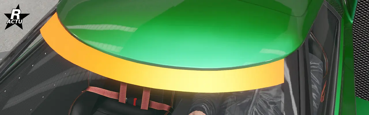 Vue rapprochée du pare-brise où un pare-soleil de couleur secondaire épouse le haut du pare-brise.