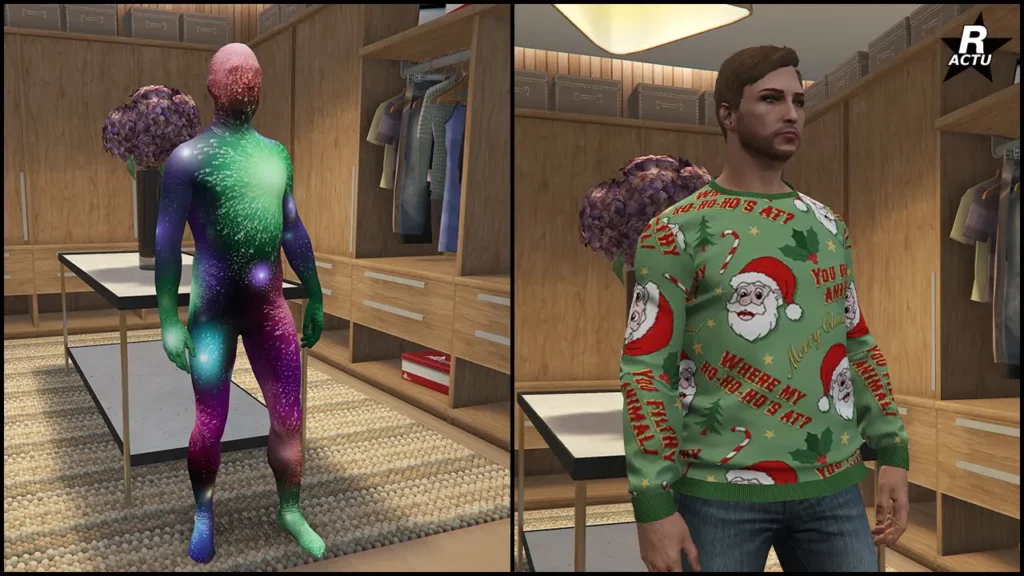 Aperçu des vêtements de Noël 2025 : "Combinaison Nouvel An" et "Pull Meilleurs Vœux" qui sont offert aux joueurs de GTA Online.