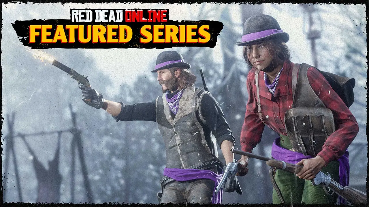 Deux joueurs de Red Dead Online dans l'équipe violette d'une activité à la une se déroulant sous la neige.