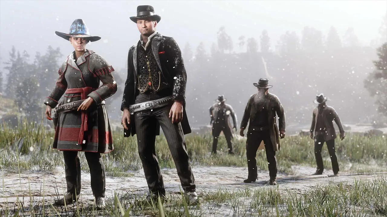 Plusieurs joueurs de Red Dead Online, portant sur eux les récompenses des avantages du mois de décembre, dont un personnage habillé de la tenue "Redcliff" qui est celle de Dutch van der Linde dans Red Dead Redemption 2.