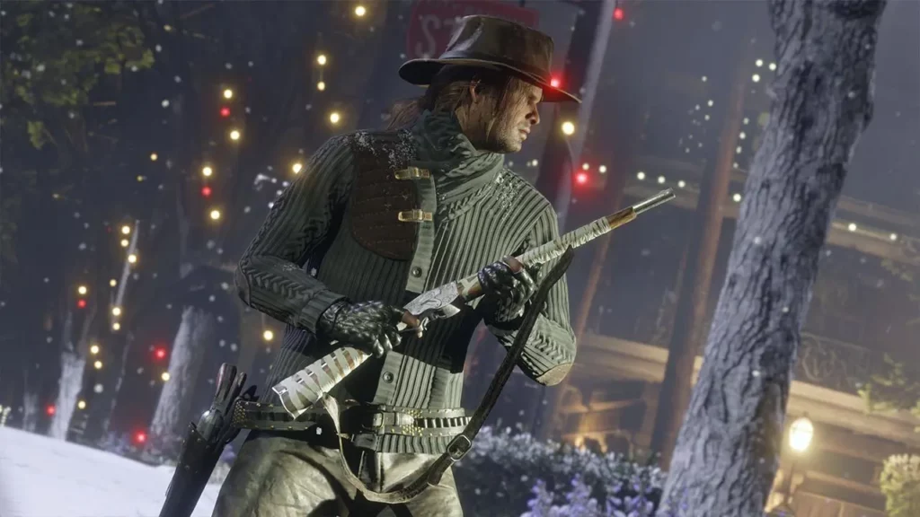 Un cowboy avec sur lui des récompenses des avantages Red Dead Online du mois de décembre 2025, dont la variante hivernale de la Carabine Evans.