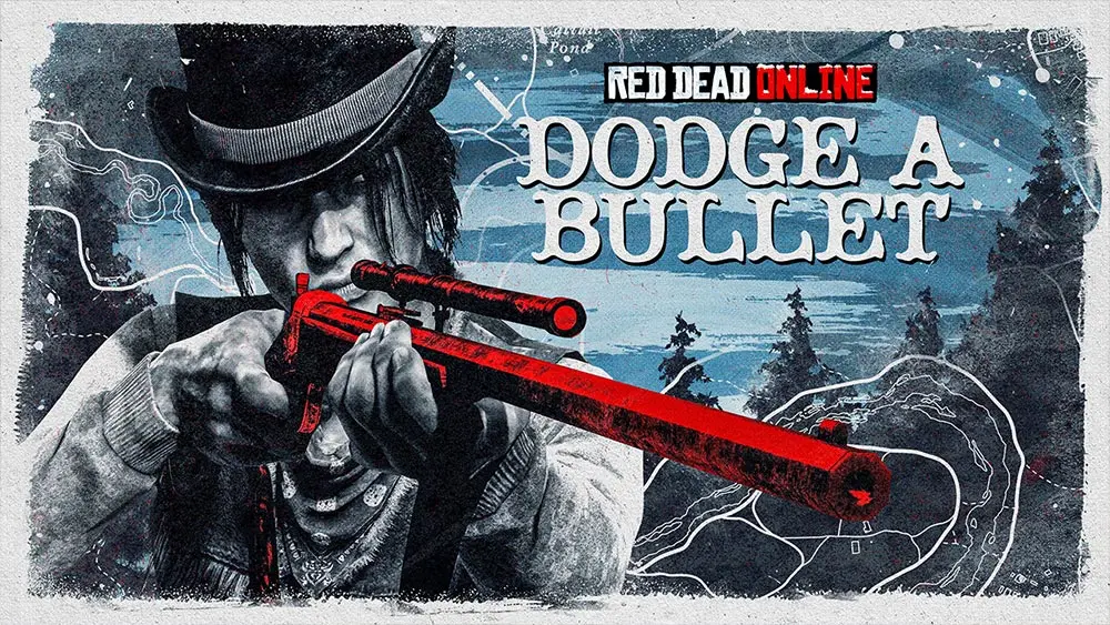 Artwork du mode de jeu "Tous aux abris (Déluge de balles)" sous la neige de Red Dead Online qui est disponible avec les avantages du mois de décembre.