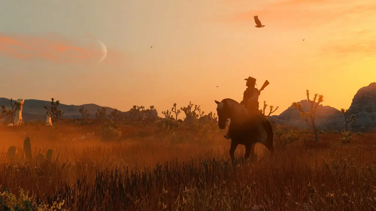 Silhouette de John Marston sur son cheval, avec un couché de soleil derrière lui. Image capturée sur la version Nintendo Switch 1 de Red Dead Redemption.