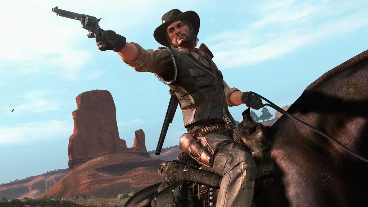 Vue rapprochée de John Marston sortant son révolver, avec un pique rocheux d'un canyon en arrière plan. Image de RDR sur Switch 1.