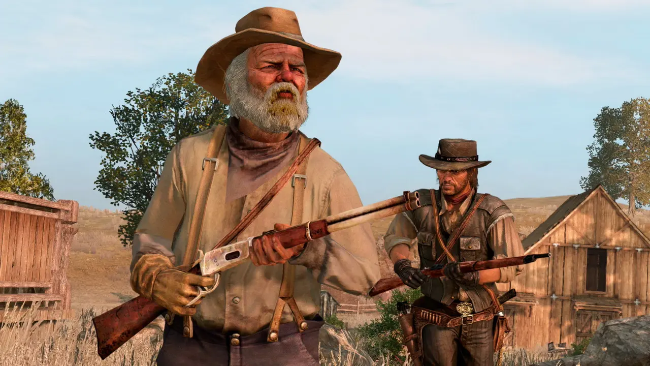 L'oncle et John Marston derrière lui dans le ranch familial de Beecher's Hope. Image capturée sur Switch 1.