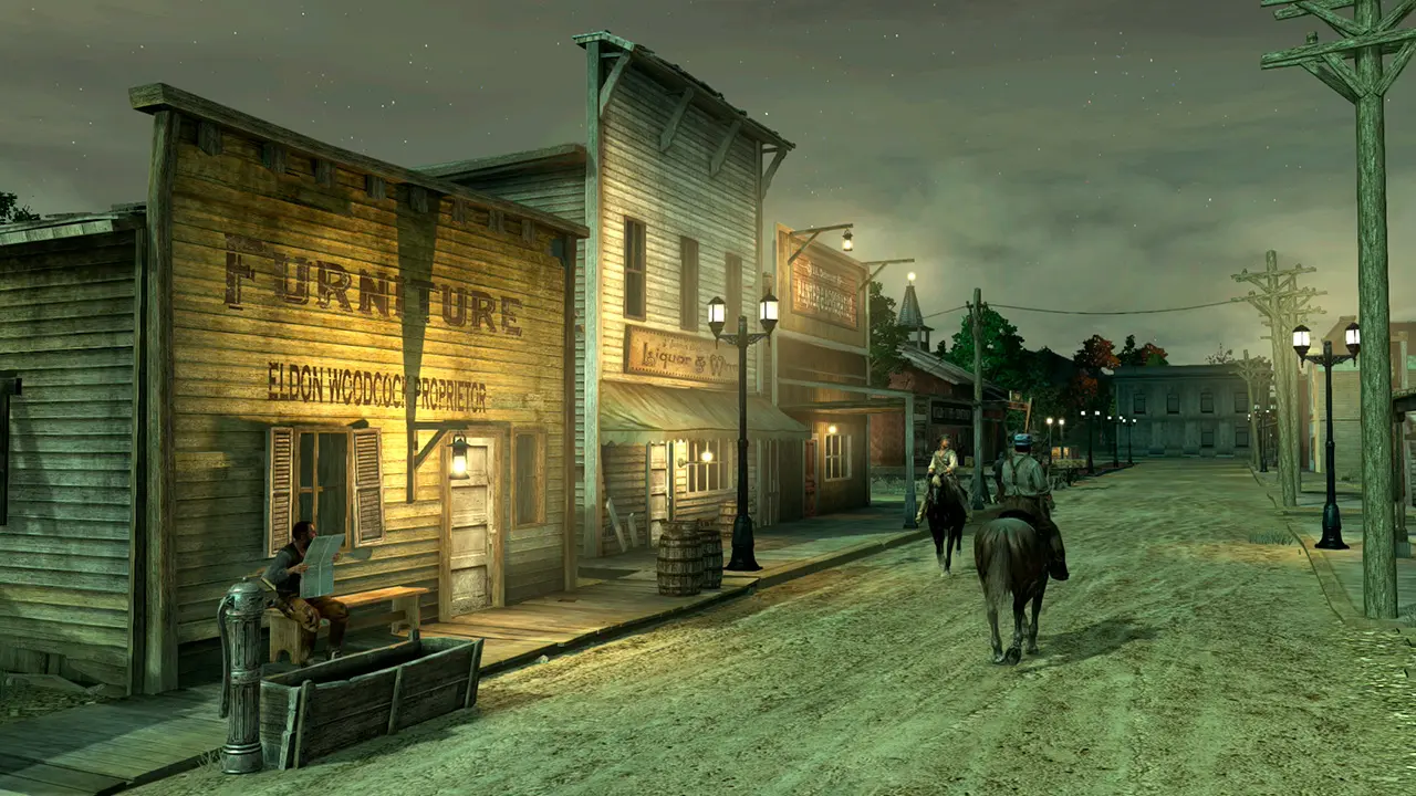 John Marston sur son cheval dans une rue de Blackwater de nuit. Image de RDR sur Nintendo Switch 1.