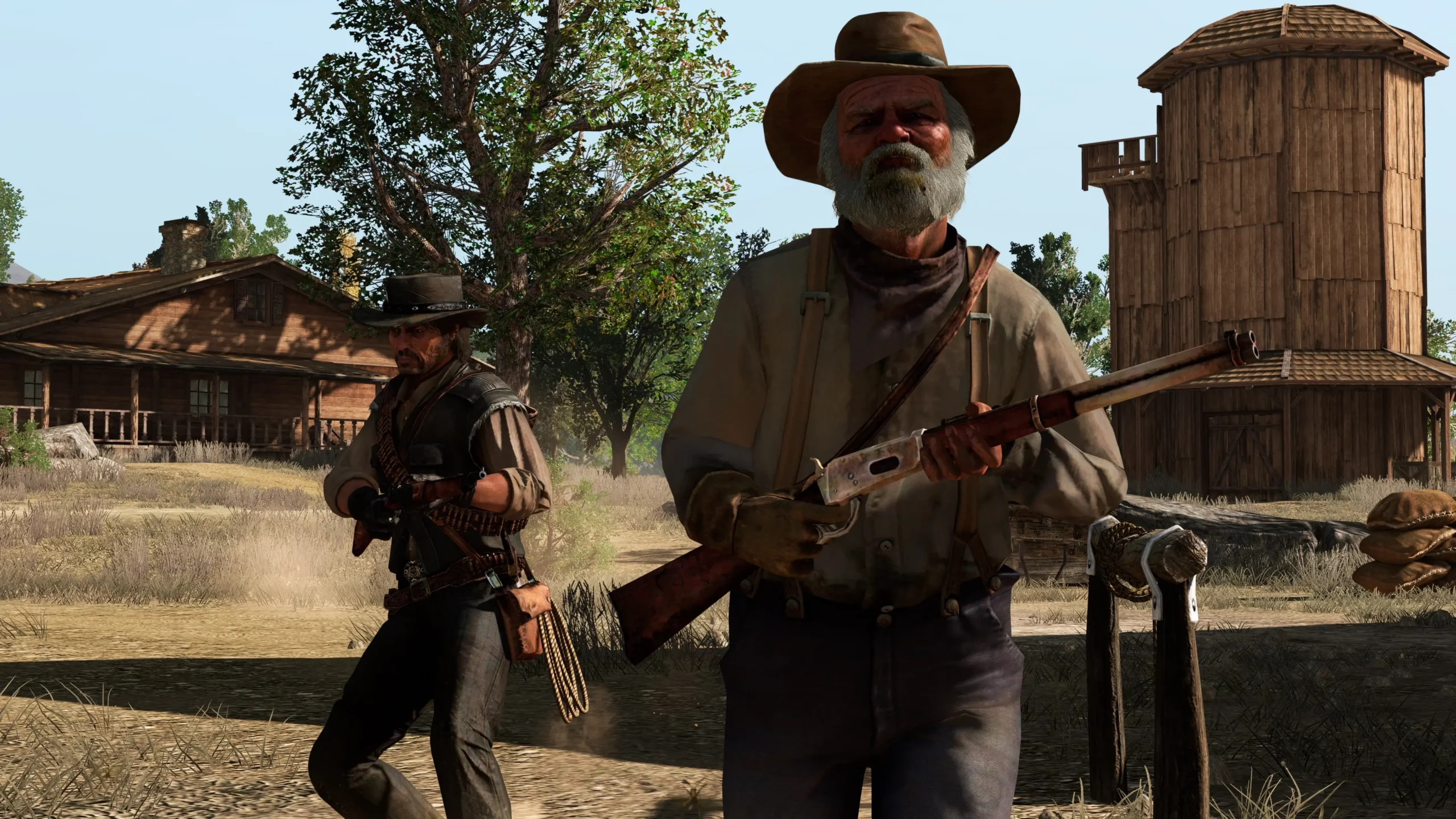 John Marston et l'oncle dans le ranch familiale de Beecher's Hope dans le jeu vidéo Red Dead Redemption.