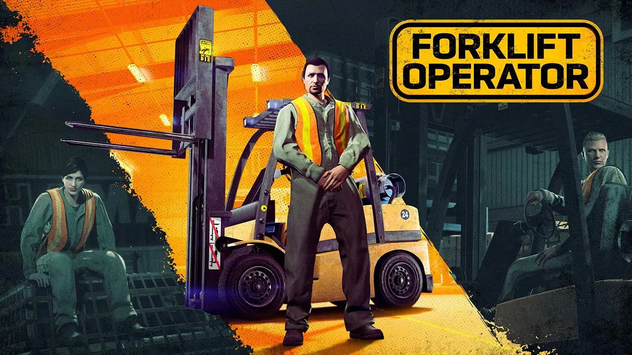 Un joueur de GTA Online en gilet orange se tenant fièrement devant un chariot élévateur, avec l'inscription "Forklift Operator" en référence au petit boulot d'Expert cariste pour l'entrepôt Alpha Mail de l'aéroport.
