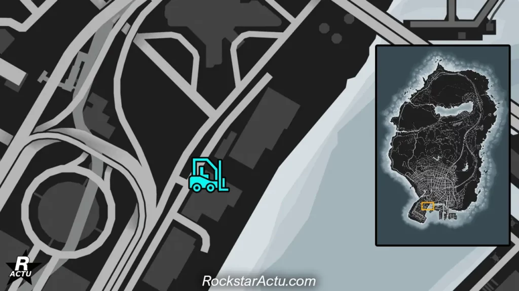 Carte de l'emplacement de l'entrepôt qui permet de lancer le métier de cariste dans GTA Online. La carte inique un entrepôt avec une icône de chariot élévateur bleu sur la map au niveau de l'aéroport au sud de la ville de Los Santos.