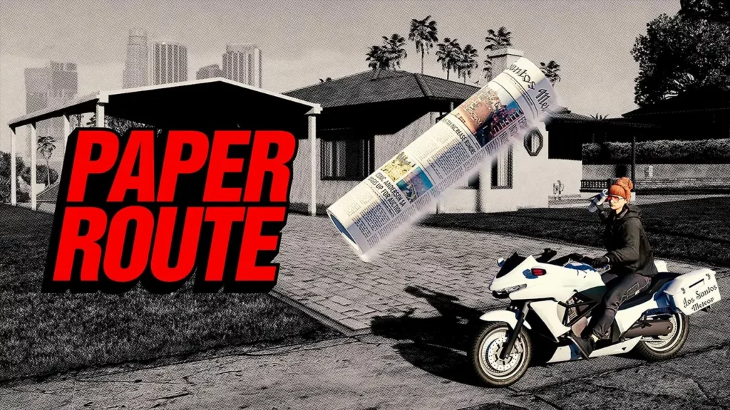 Un joueur de GTA Online sur la moto Dinka Thrust balançant un journal devant une maison lors d'une mission de petit boulot de livreur de journaux "L’info à tout prix" pour le quotidien "Los Santos Meteor".