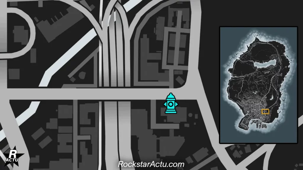 Carte de l'emplacement de la zone de lancement des missions de pompier dans GTA Online. L'emplacement indique la caserne de pompiers se trouvant à l'extrémité de la ville de Los Santos, tout à droite de la map.