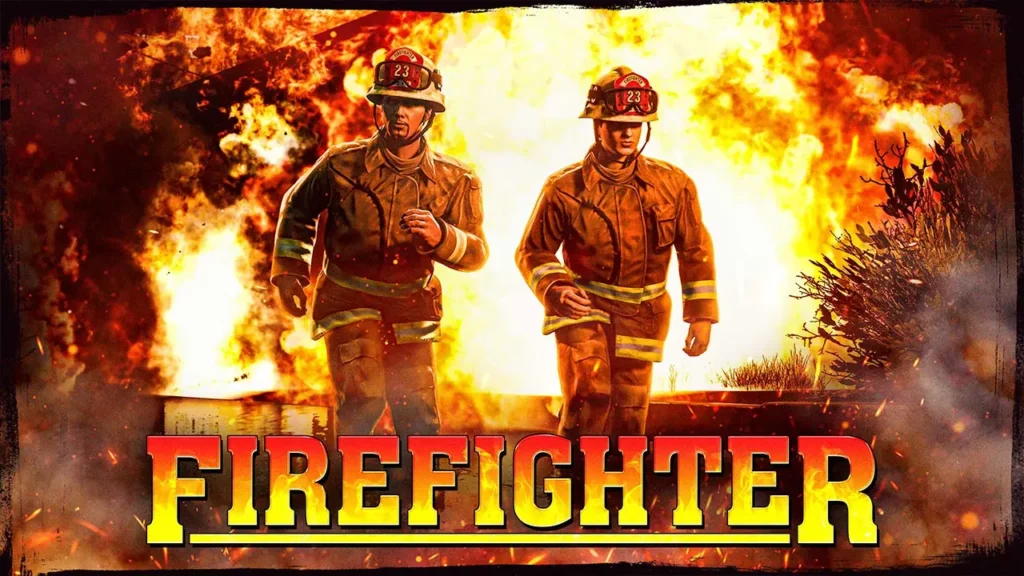2 joueurs de GTA Online habillés avec des tenues de pompiers, s'échappant de flammes en arrière plan, avec écrit "Firefighter" en bas de l'image, désignant les missions de petits boulots de pompier de LS.