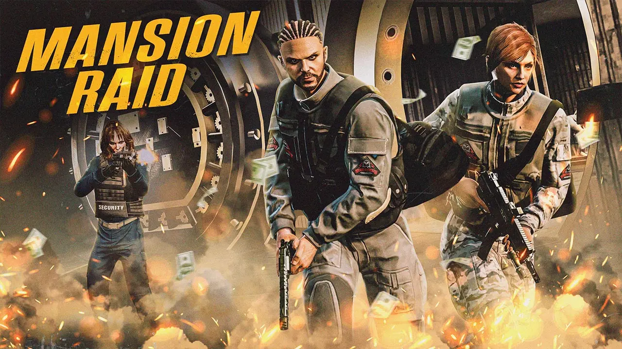 Deux joueurs de GTA Online s'extrayant de la chambre-forte d'une villa de luxe dans le mode rivalité "Casse de luxe" (Mansion Raid).