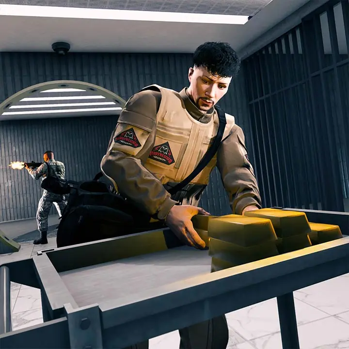 Un joueur de GTA Online récupérant des lingots d'or dans la chambre-forte d'une villa dans le mode rivalité "Casse de luxe" (Mansion Raid).