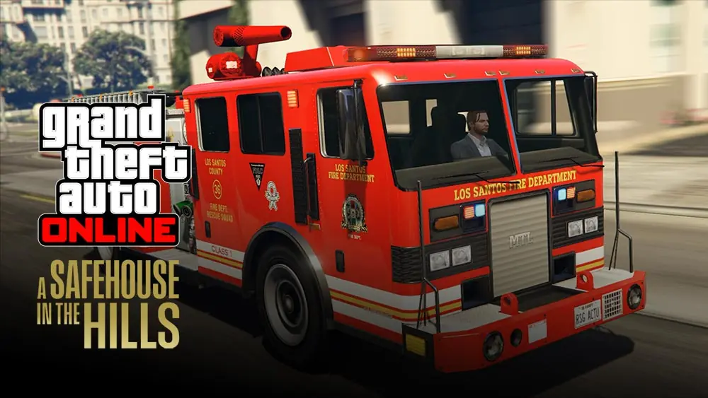 Le camion de pompiers avec le logo de la mise à jour des manoirs indiquant que les missions de pompier sont à présent disponible dans GTA Online avec l'événement des bonus de la semaine.