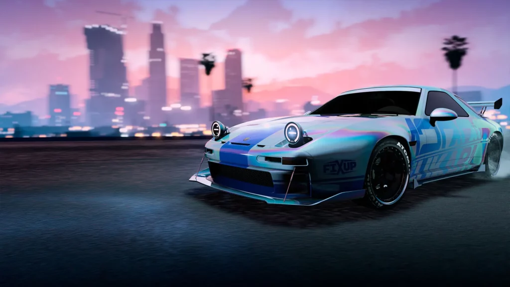 Voiture Pfister Astrale avec la ville de Los Santos en arrière plan, sous un couché de soleil.