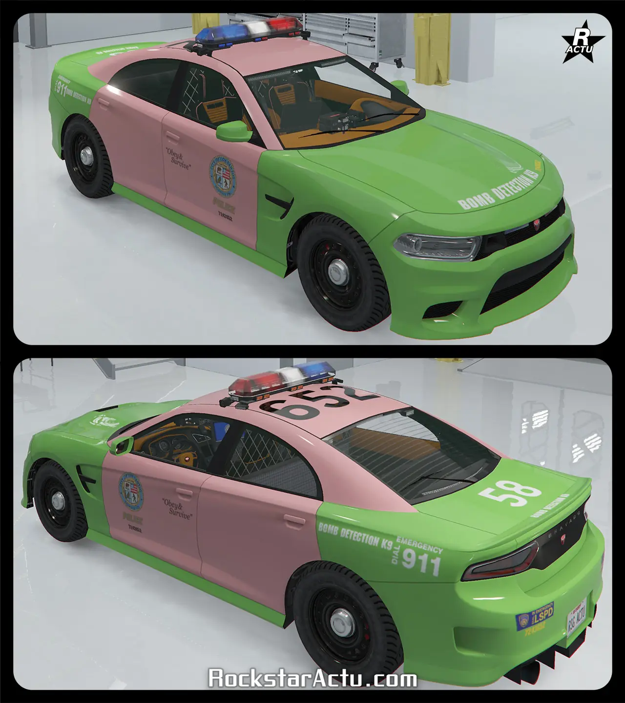 Skin de véhicule ajoutant le logo de la ville de Los Santos sur les portières avant de la Bravado Buffalo STX de police, où un autocollant blanc "Bomb Detection K9" sur l'avant du capot et les ailles arrière, indiquent que cette voiture de flics fait partie de l'équipe de déminage du LSPD. Sur le toit, les chiffres noirs "652" indiquent le numéro de la voiture, et les chiffres en blancs "58" qu'elle fait partie de l'unité 58.