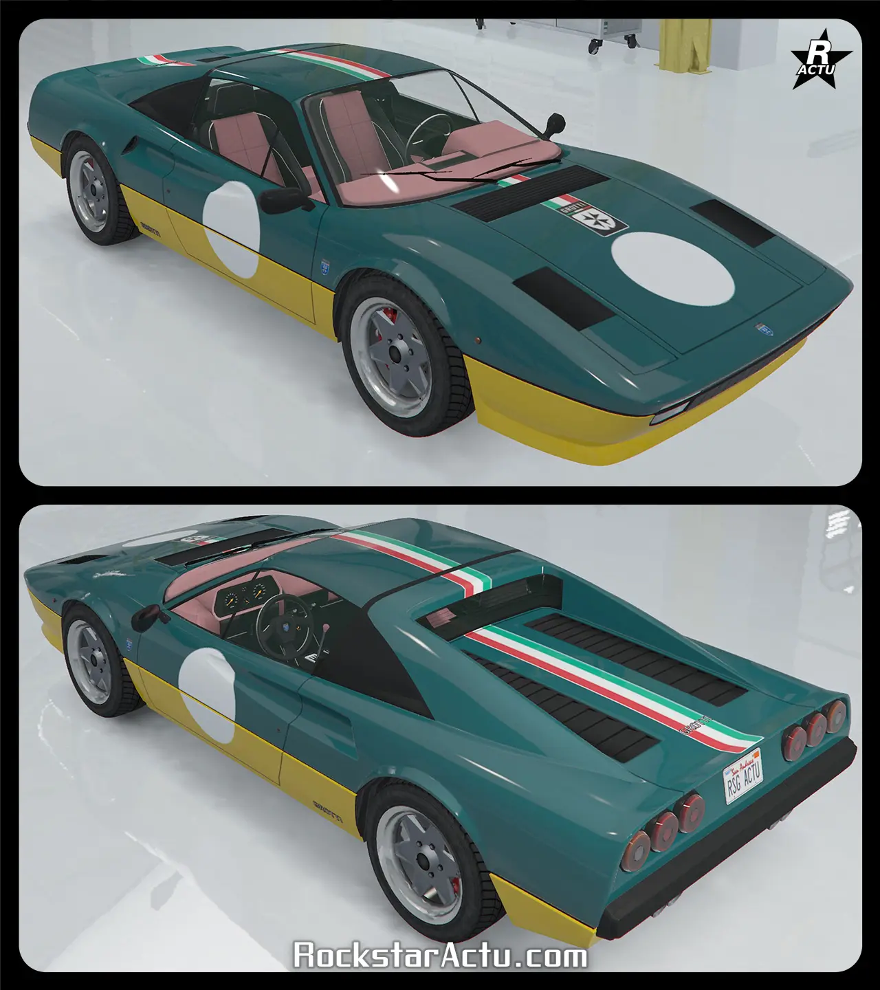 Décalcomanie d'une bande aux couleurs du drapeau italien (vert, blanc et rouge) sur le capot moteur arrière et le toit de la Grotti Itali Classique. Sur les portières latérales et le coffre avant se trouve un grand autocollant d'un rond blanc. Sur le coffre avant également, le logo du constructeur de ce bolide s'y trouve.