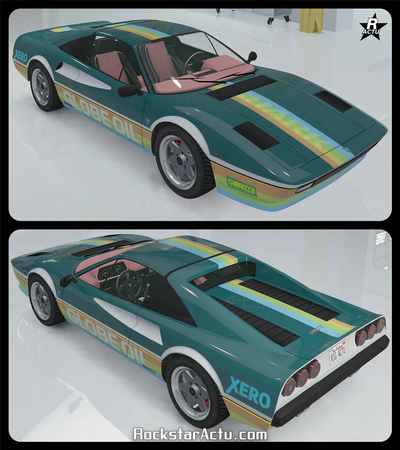 Motif ajoutant une bande verticale orange, jaune, verte et bleue, traversant le véhicule du capot au coffre. Une seconde bande des mêmes couleurs, entourent la Grotti Itali Classique au niveau du bas de caisse. Sur la bande, au niveau des portières, se trouve l'autocollant du sponsor "Globe Oil" en blanc.