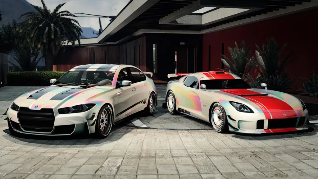 Une voiture Banshee GTS et Sentinel GTS devant une villa de GTA Online. Les deux véhicules sont peints avec la peinture caméléon "Perle crème" qui est exclusive aux avantages GTA+ de janvier 2026.