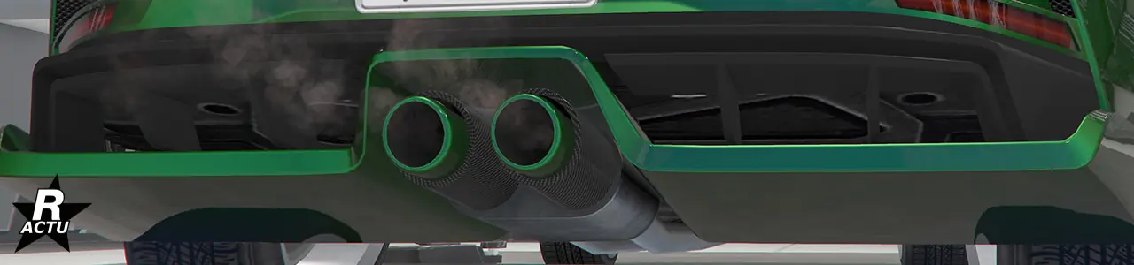 Double pot d'échappement peint couleur principale, avec revêtement en fibres de carbone.