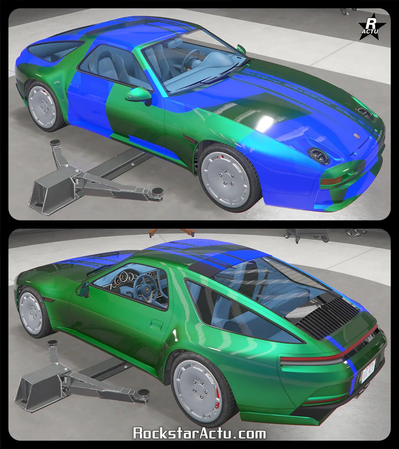 Décalcomanie ajoutant des formes géométriques bleue sur la voiture.