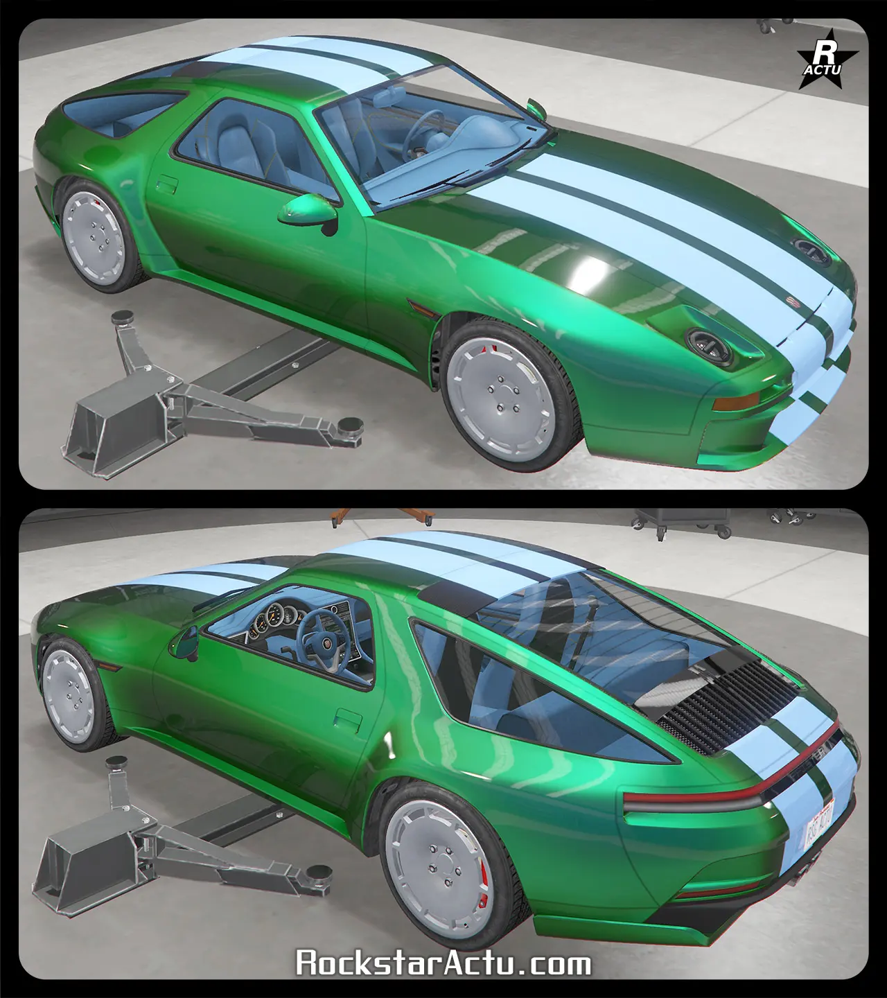 La Pfister Astrale avec une décalcomanie d'une double bande bleue clair traversant verticalement la voiture.