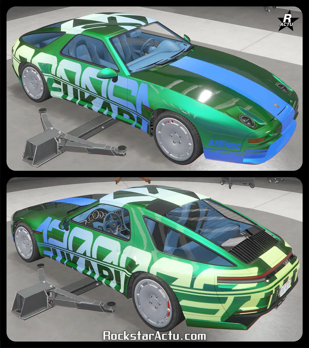 Motif ajoutant une décalcomanie d'une bande bleu dégradant vers la vert citron, traversant verticalement le centre de la Pfister Astrale. Sur les côtés latéraux se trouve une autre décalcomanie représentant divers chiffres dans la même nuance de couleurs.