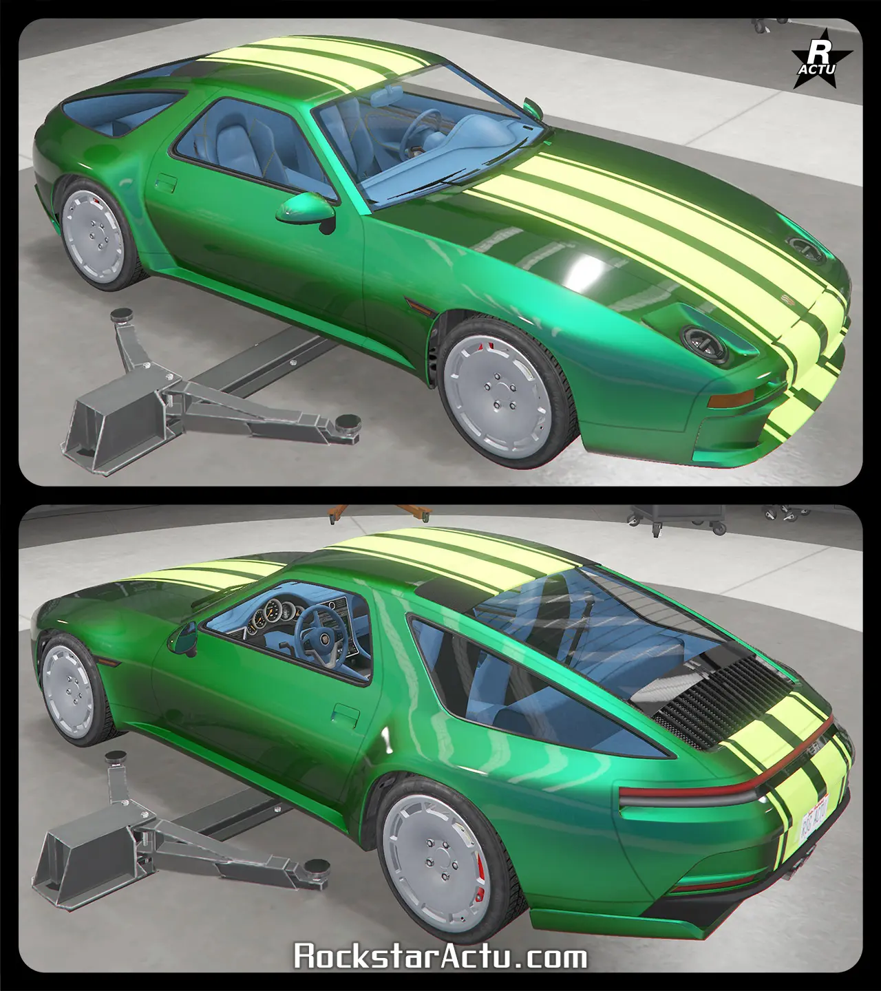 Motif d'une double bande jaune citron traversant verticalement le centre de la carrosserie de la sportive classique Pfister Astrale.