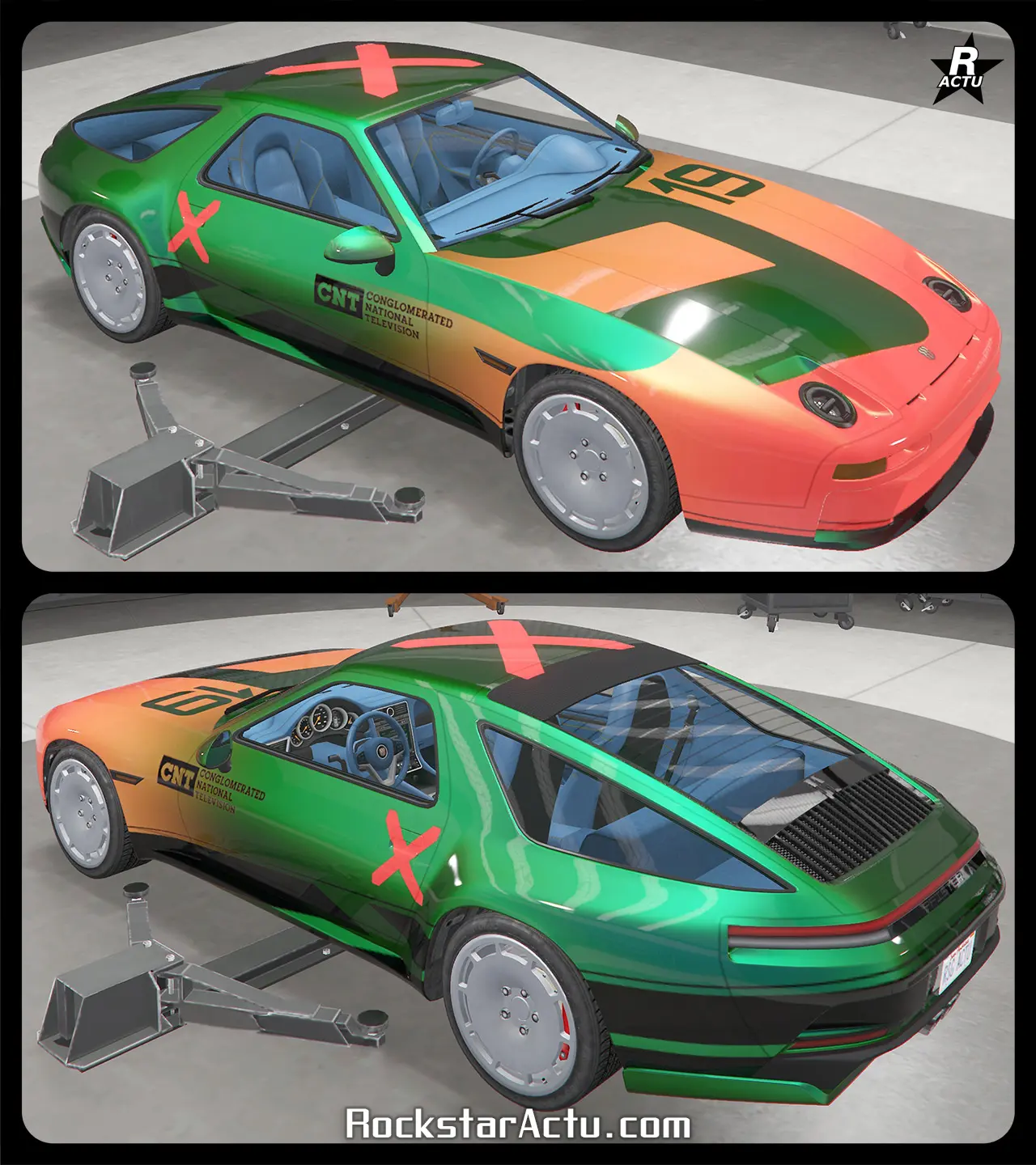 Décalcomanie de course automobile ajoutant un motif de dégradé orange sur une grande partie de l'avant de la Pfister Astrale, ainsi qu'un autocollant de la chaîne TV "CNT" sur les portières latérales du véhicule.