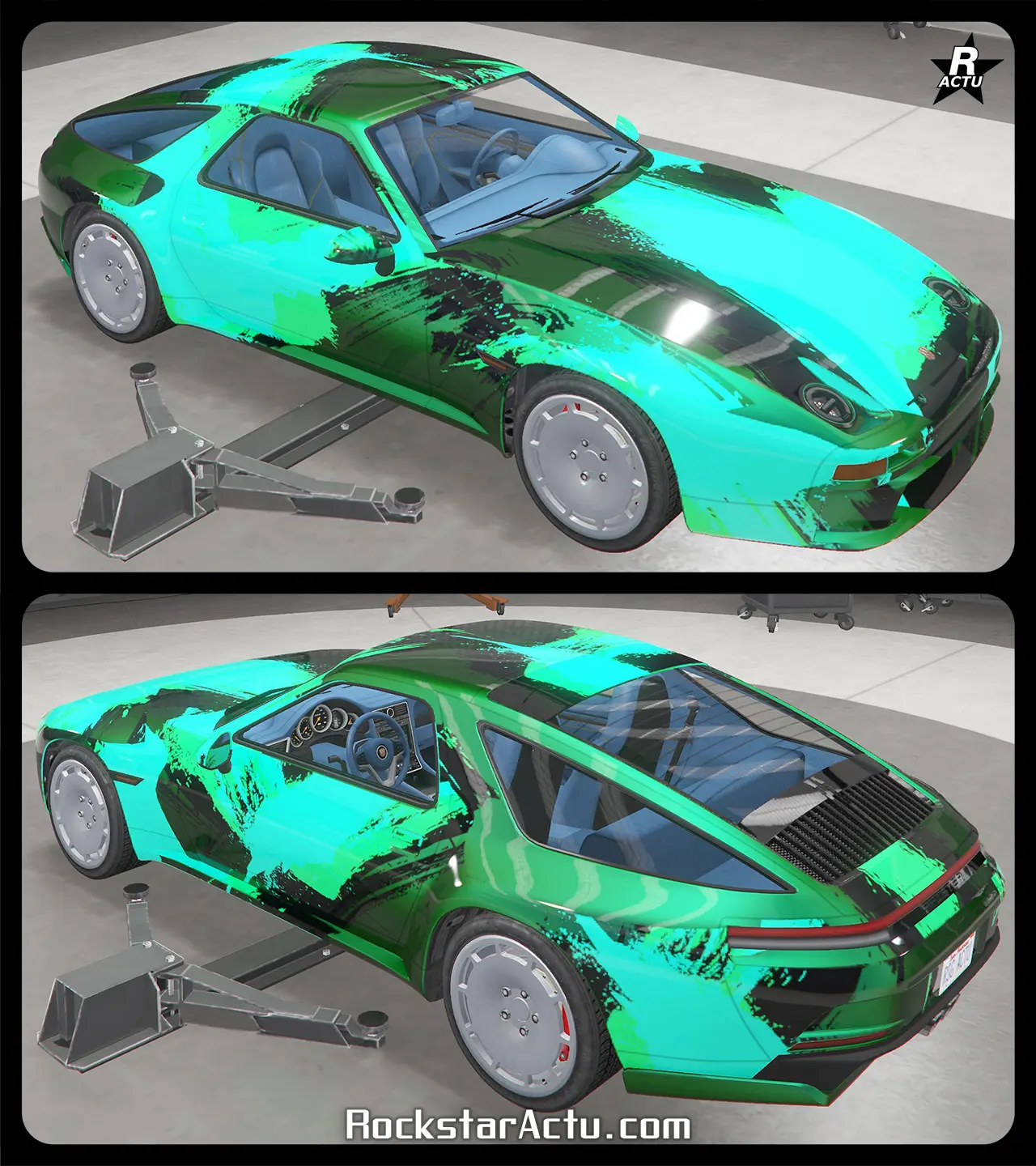 Décalcomanie ajoutant un effet de tâches de pinceaux de couleurs bleu ciel, vert et noir sur l'ensemble de la carrosserie de la Pfister Astrale.