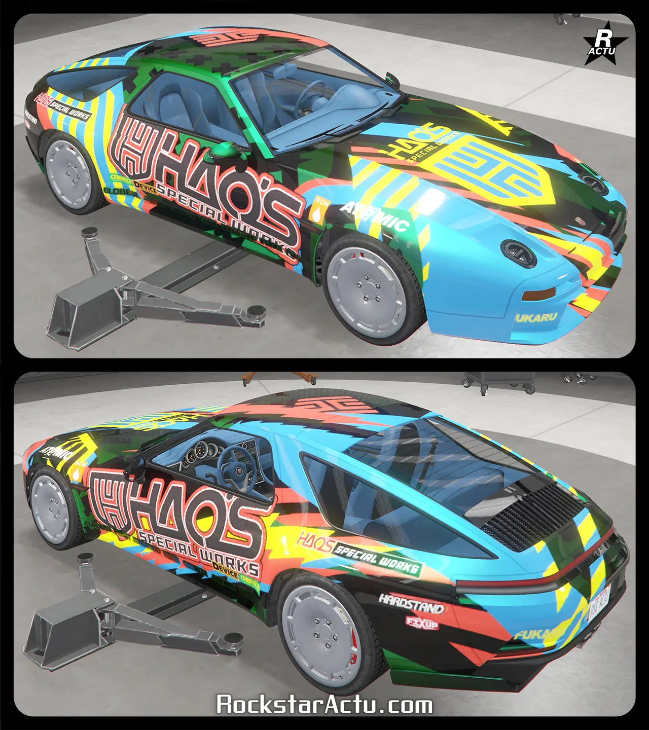 Motif signature du garage Hao's Special Works où son logo apparaît sur le coffre et les portières latérales de la Pfister Astrale.