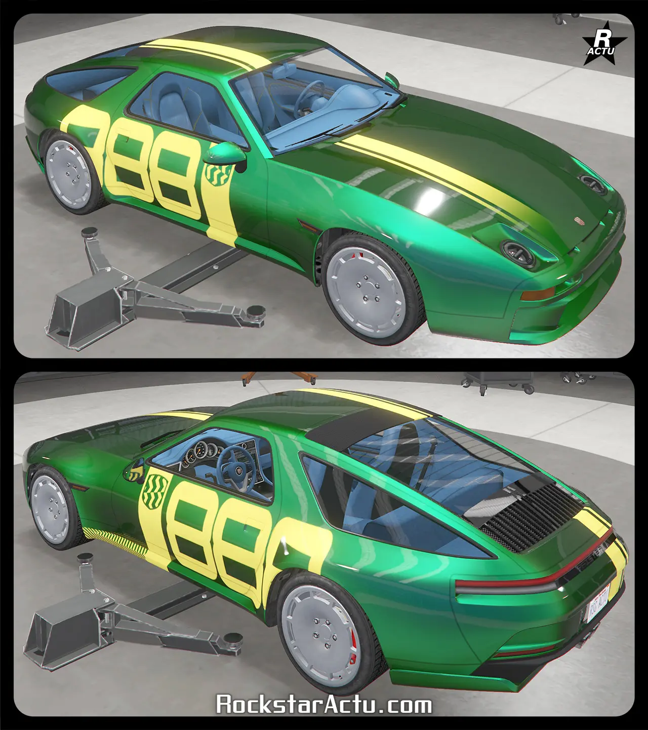 Décalcomanie d'une bande excentré jaune citron traversant verticalement la carrosserie de la Pfister Astrale, tandis qu'une seconde décalcomanie ajoute les chiffres "888" en grand sur les côtés latéraux du véhicule.