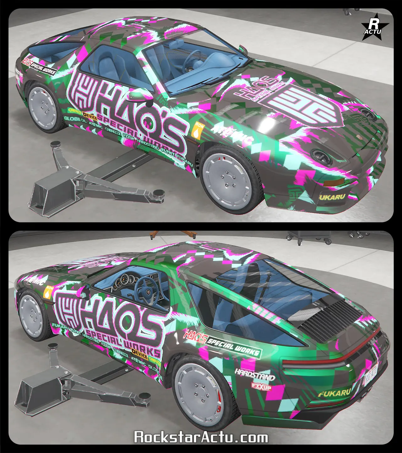 Seconde décalcomanie de l'atelier Hao's Special Works où le logo du garage HSW apparaît de couleur mauve sur le capot et les portières de la Pfister Astrale