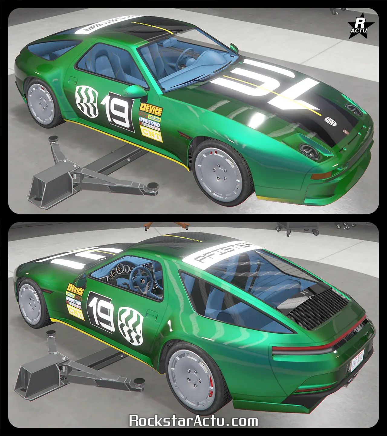 Décalcomanie de course automobile ajoutant le chiffre "19" sur les portières et le capot. Le toit et le capot sont pratiquement recouvert d'un vinyle noir. Divers sponsors apparaissent sur les portières latérales avec le logo du constructeur "Pfister".