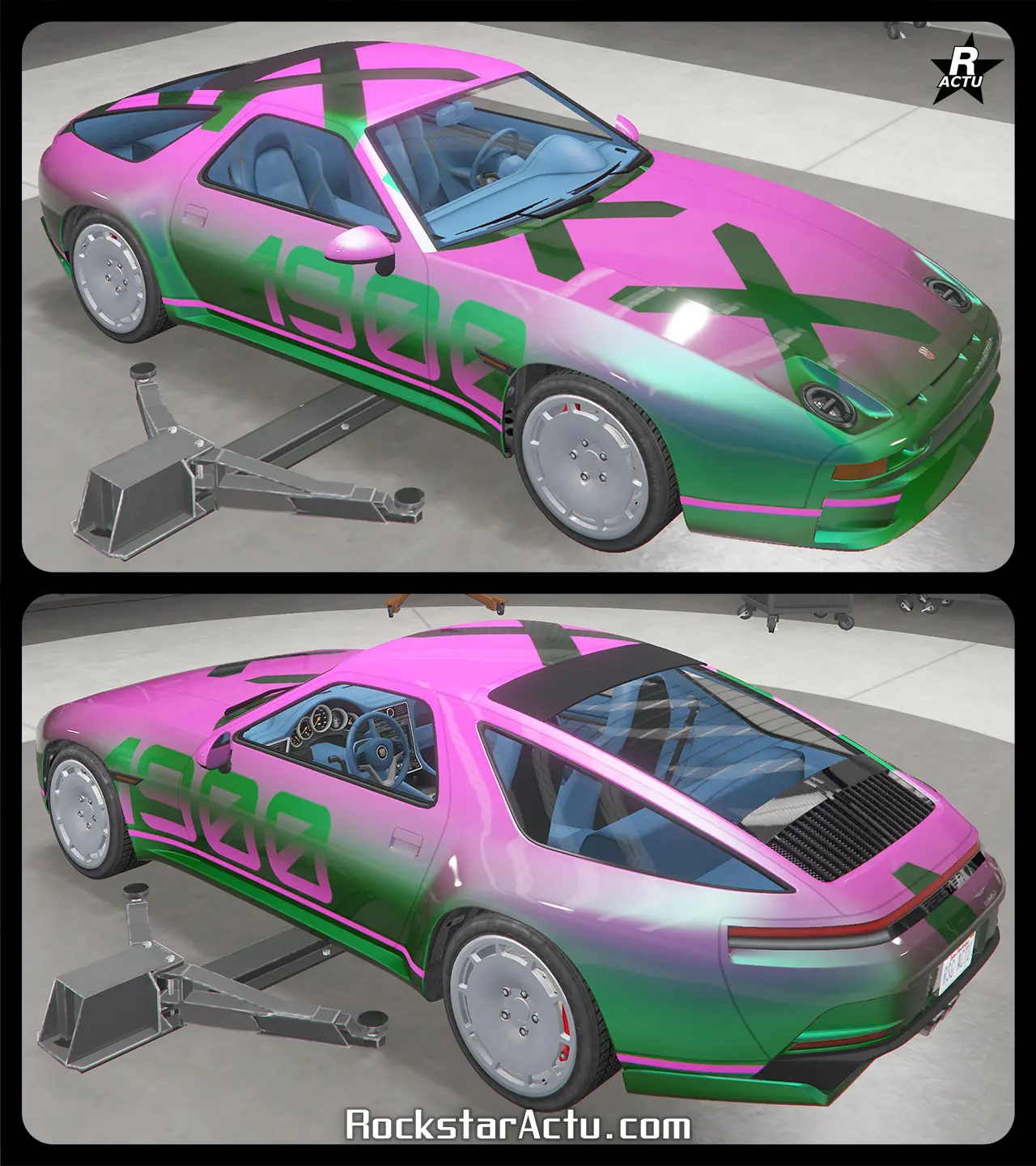 Motif recouvrant le haut de la carrosserie avec un vinyle rose avec des découpes de "X" laissant apparaître la couleur du véhicule. Sur les côtés latéraux se trouve un autocollant ajoutant le chiffre "1900" en grand et dans un dégradé de roses de chaque côtés de la Pfister Astrale.