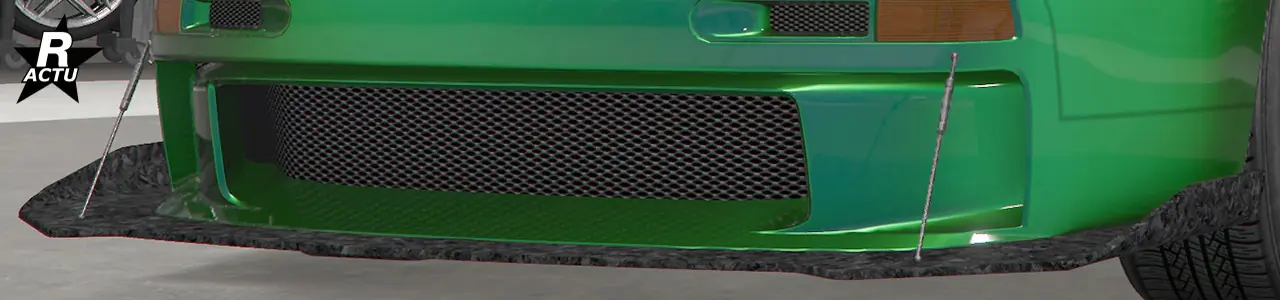 Séparateur aérodynamique aux bouts ailés en carbone brut, et avec tiges de fixations en aluminium reliant le séparateur avec le haut du pare-chocs avant.